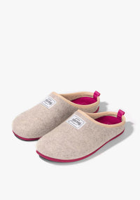 Women's Mercredy Wool Mule Slippers with a Rubber Sole, made from Recycled Plastic Bottles, White upper & Fuchsia sole.