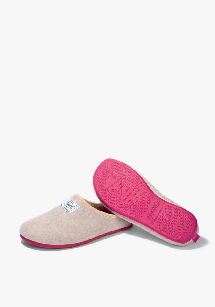 Women's Mercredy Wool Mule Slippers with a Rubber Sole, made from Recycled Plastic Bottles, White upper & Fuchsia sole.