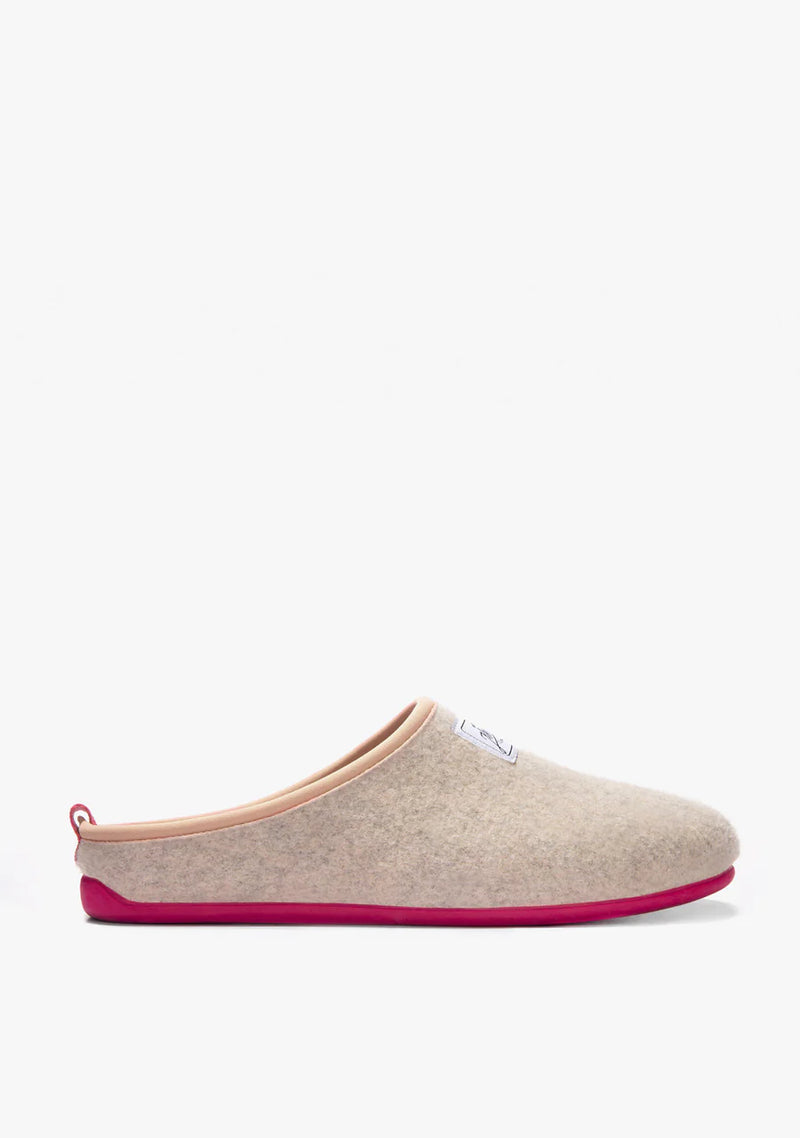 Women's Mercredy Wool Mule Slippers with a Rubber Sole, made from Recycled Plastic Bottles, White upper & Fuchsia sole.